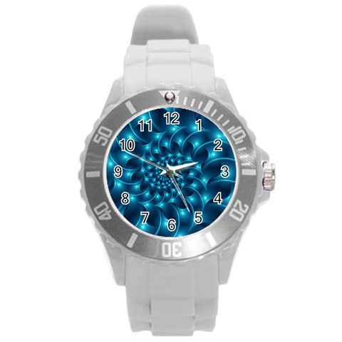 Glossy Light Blue Spiral Fractal Round Plastic Sport Watch (L) from ArtsNow.com Front