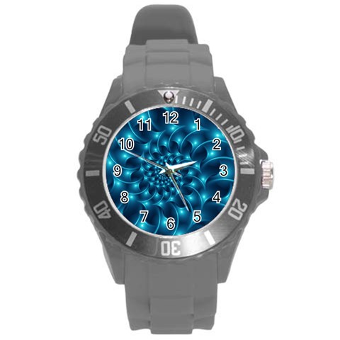 Glossy Light Blue Spiral Fractal Round Plastic Sport Watch (L) from ArtsNow.com Front