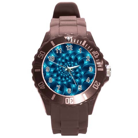 Glossy Light Blue Spiral Fractal Round Plastic Sport Watch (L) from ArtsNow.com Front