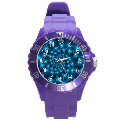 Glossy Light Blue Spiral Fractal Round Plastic Sport Watch (L) from ArtsNow.com Front