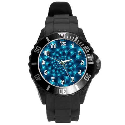 Glossy Light Blue Spiral Fractal Round Plastic Sport Watch (L) from ArtsNow.com Front