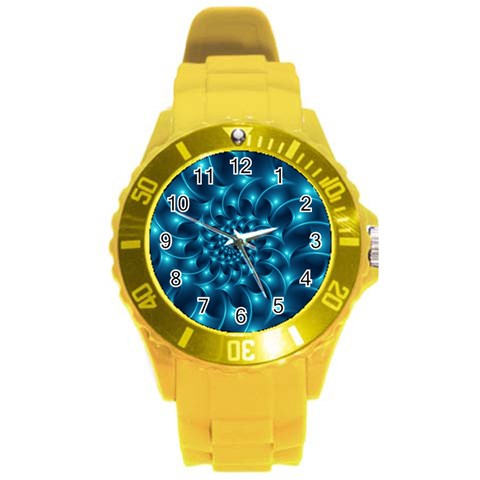 Glossy Light Blue Spiral Fractal Round Plastic Sport Watch (L) from ArtsNow.com Front