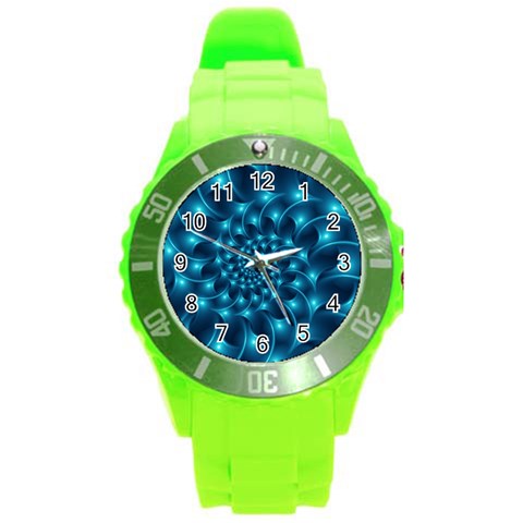 Glossy Light Blue Spiral Fractal Round Plastic Sport Watch (L) from ArtsNow.com Front