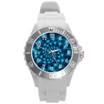 Glossy Light Blue Spiral Fractal Round Plastic Sport Watch (L)