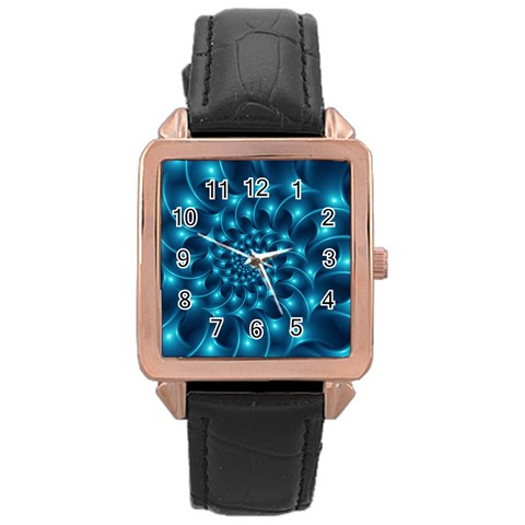 Glossy Light Blue Spiral Fractal Rose Gold Leather Watch  from ArtsNow.com Front