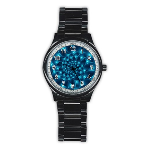 Glossy Light Blue Spiral Fractal Stainless Steel Round Watch from ArtsNow.com Front