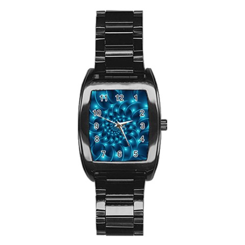 Glossy Light Blue Spiral Fractal Stainless Steel Barrel Watch from ArtsNow.com Front