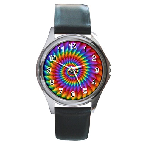 Psychedelic Rainbow Spiral Round Metal Watch from ArtsNow.com Front