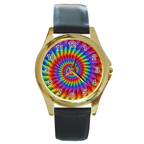 Psychedelic Rainbow Spiral Round Gold Metal Watch from ArtsNow.com Front