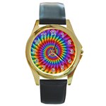 Psychedelic Rainbow Spiral Round Gold Metal Watch