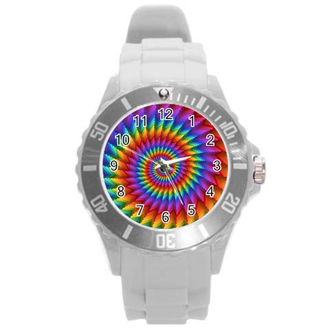 Psychedelic Rainbow Spiral Round Plastic Sport Watch (L) from ArtsNow.com Front