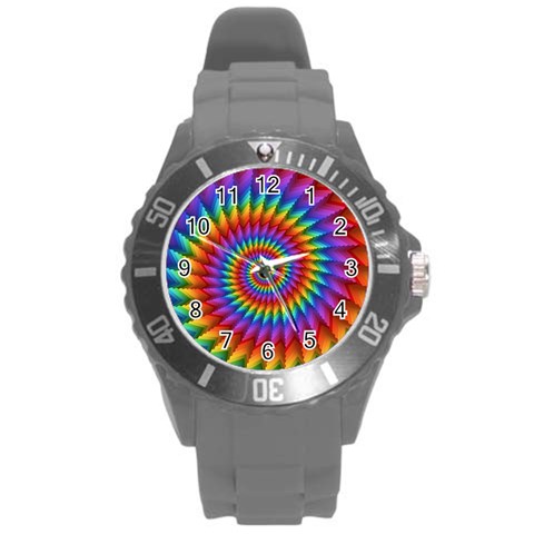 Psychedelic Rainbow Spiral Round Plastic Sport Watch (L) from ArtsNow.com Front