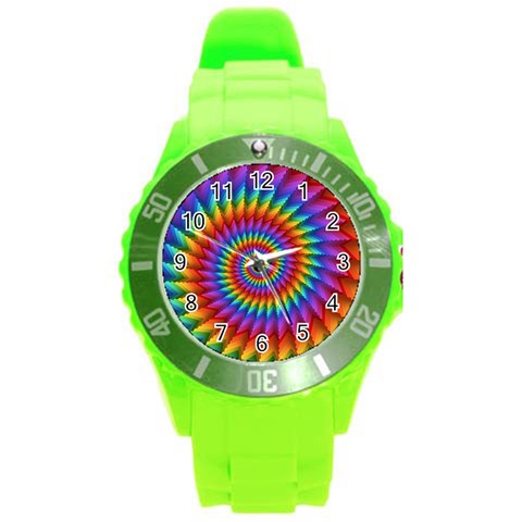 Psychedelic Rainbow Spiral Round Plastic Sport Watch (L) from ArtsNow.com Front