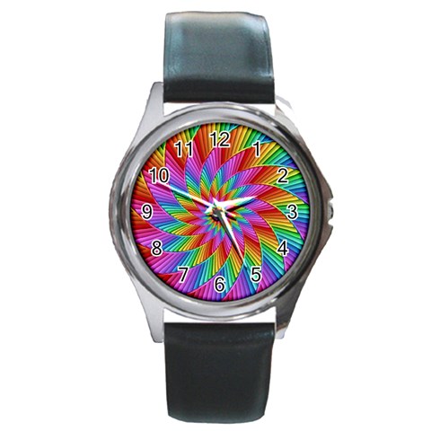 Psychedelic Rainbow Spiral Round Metal Watch from ArtsNow.com Front