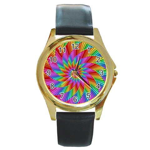 Psychedelic Rainbow Spiral Round Gold Metal Watch from ArtsNow.com Front