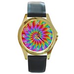 Psychedelic Rainbow Spiral Round Gold Metal Watch