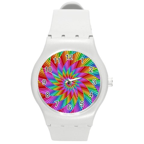 Psychedelic Rainbow Spiral Round Plastic Sport Watch (M) from ArtsNow.com Front