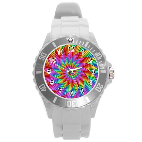 Psychedelic Rainbow Spiral Round Plastic Sport Watch (L) from ArtsNow.com Front