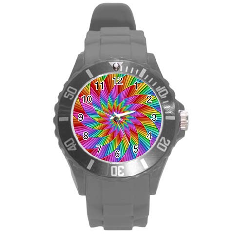 Psychedelic Rainbow Spiral Round Plastic Sport Watch (L) from ArtsNow.com Front