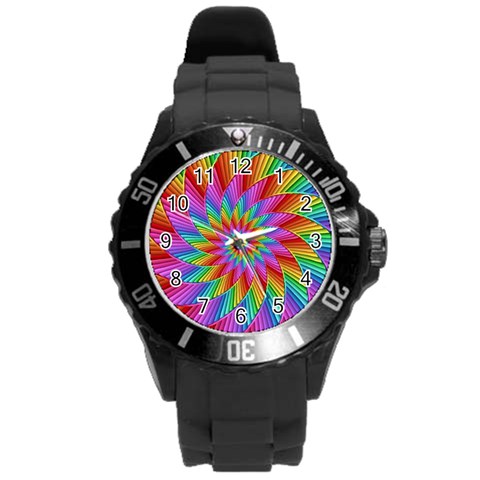 Psychedelic Rainbow Spiral Round Plastic Sport Watch (L) from ArtsNow.com Front