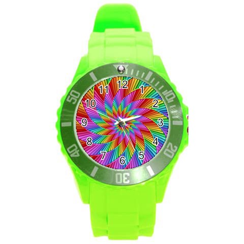 Psychedelic Rainbow Spiral Round Plastic Sport Watch (L) from ArtsNow.com Front