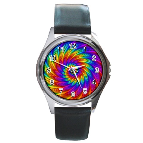 Psychedelic Rainbow Spiral Round Metal Watch from ArtsNow.com Front