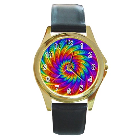 Psychedelic Rainbow Spiral Round Gold Metal Watch from ArtsNow.com Front