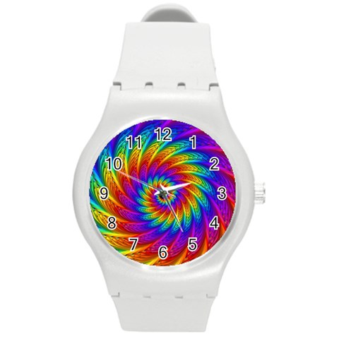 Psychedelic Rainbow Spiral Round Plastic Sport Watch (M) from ArtsNow.com Front