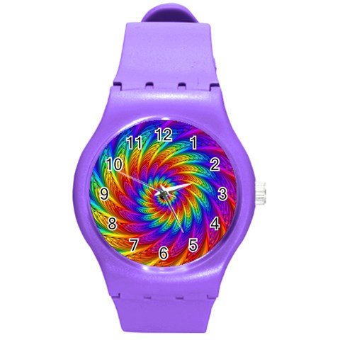 Psychedelic Rainbow Spiral Round Plastic Sport Watch (M) from ArtsNow.com Front