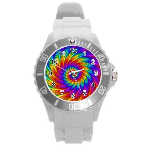 Psychedelic Rainbow Spiral Round Plastic Sport Watch (L) from ArtsNow.com Front