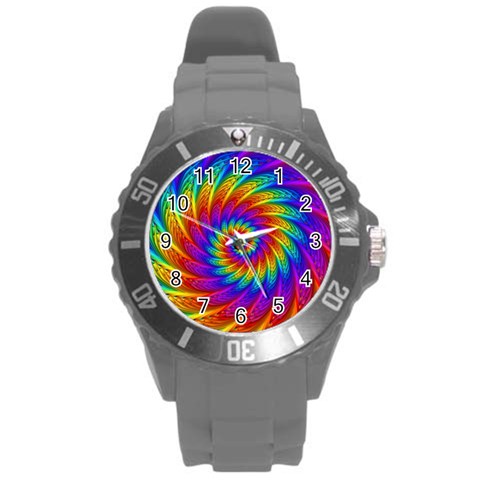 Psychedelic Rainbow Spiral Round Plastic Sport Watch (L) from ArtsNow.com Front