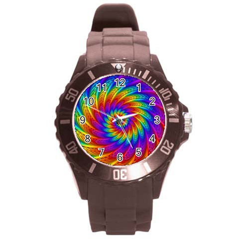 Psychedelic Rainbow Spiral Round Plastic Sport Watch (L) from ArtsNow.com Front