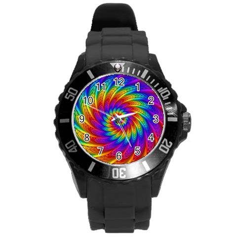 Psychedelic Rainbow Spiral Round Plastic Sport Watch (L) from ArtsNow.com Front