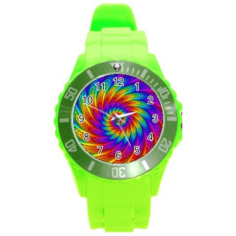 Psychedelic Rainbow Spiral Round Plastic Sport Watch (L) from ArtsNow.com Front