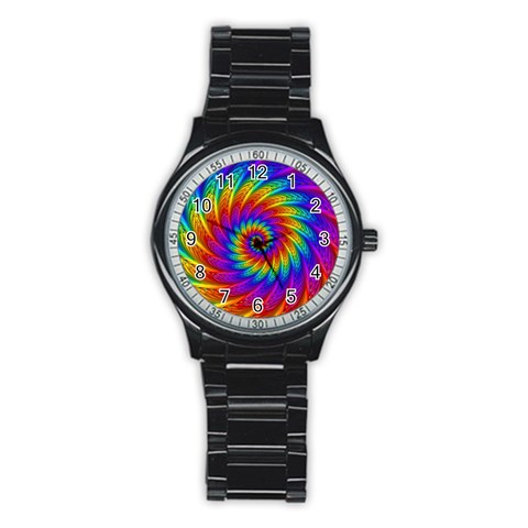 Psychedelic Rainbow Spiral Stainless Steel Round Watch from ArtsNow.com Front