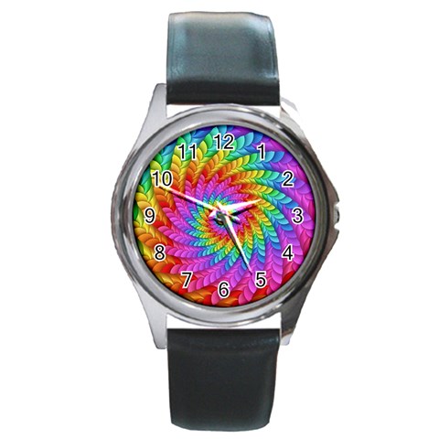 Psychedelic Rainbow Spiral Round Metal Watch from ArtsNow.com Front