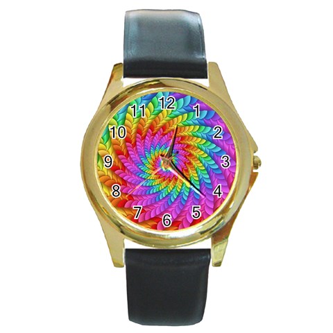 Psychedelic Rainbow Spiral Round Gold Metal Watch from ArtsNow.com Front