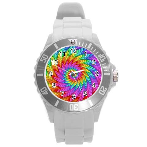 Psychedelic Rainbow Spiral Round Plastic Sport Watch (L) from ArtsNow.com Front