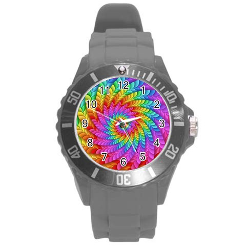 Psychedelic Rainbow Spiral Round Plastic Sport Watch (L) from ArtsNow.com Front