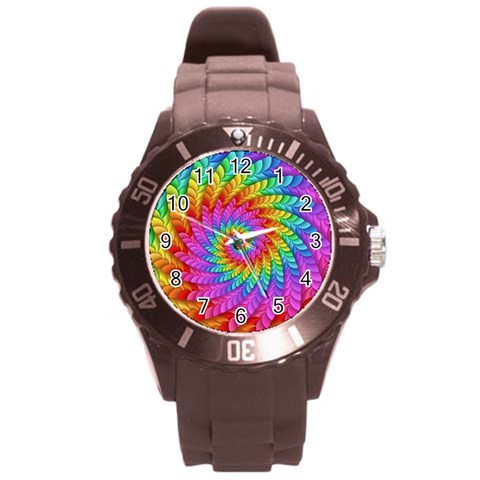 Psychedelic Rainbow Spiral Round Plastic Sport Watch (L) from ArtsNow.com Front