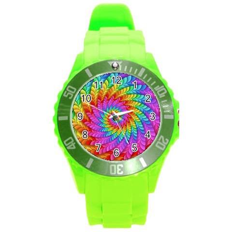 Psychedelic Rainbow Spiral Round Plastic Sport Watch (L) from ArtsNow.com Front