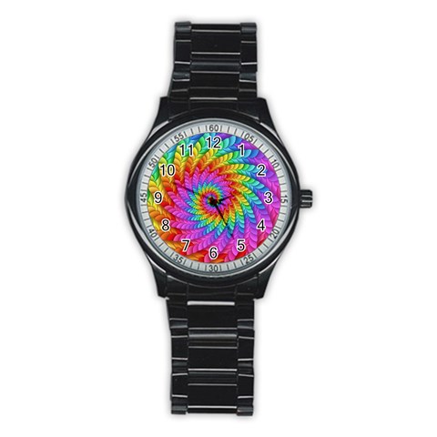 Psychedelic Rainbow Spiral Stainless Steel Round Watch from ArtsNow.com Front