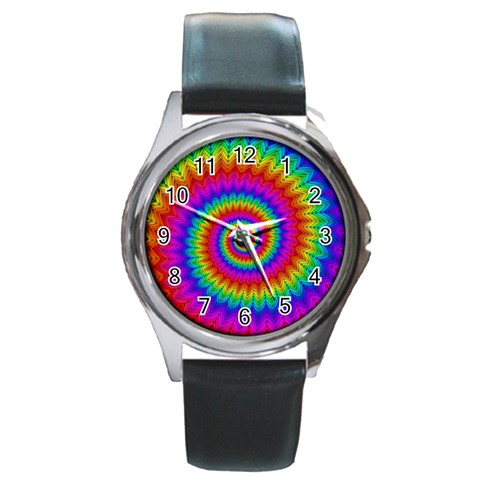 Psychedelic Rainbow Spiral Round Metal Watch from ArtsNow.com Front