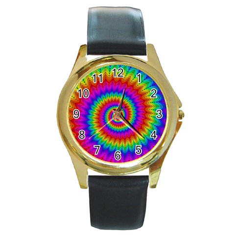 Psychedelic Rainbow Spiral Round Gold Metal Watch from ArtsNow.com Front