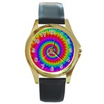 Psychedelic Rainbow Spiral Round Gold Metal Watch