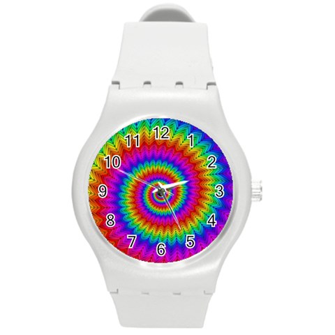 Psychedelic Rainbow Spiral Round Plastic Sport Watch (M) from ArtsNow.com Front