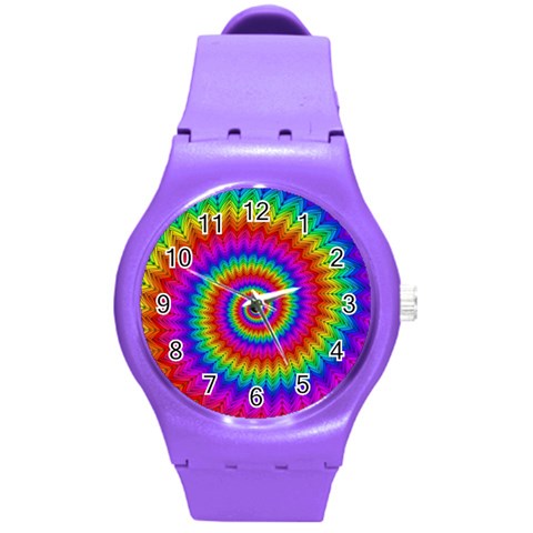 Psychedelic Rainbow Spiral Round Plastic Sport Watch (M) from ArtsNow.com Front