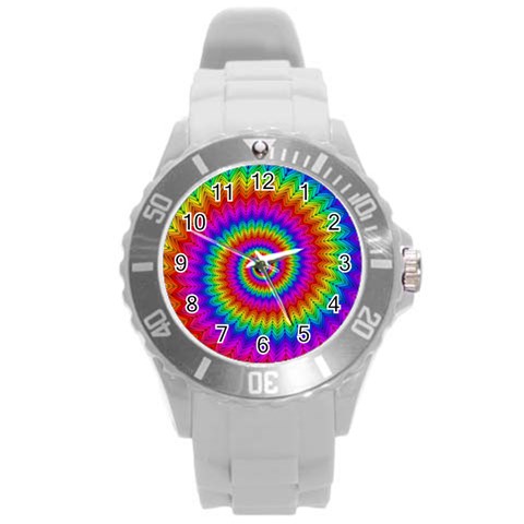 Psychedelic Rainbow Spiral Round Plastic Sport Watch (L) from ArtsNow.com Front