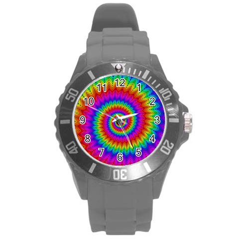 Psychedelic Rainbow Spiral Round Plastic Sport Watch (L) from ArtsNow.com Front