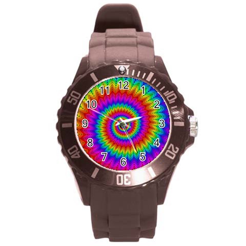 Psychedelic Rainbow Spiral Round Plastic Sport Watch (L) from ArtsNow.com Front